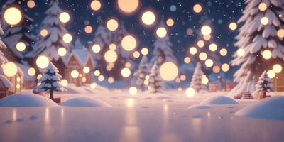 The primary subject of the image is a snowy scene with a house and trees. The setting is a winter landscape, and the visual style appears to be a digital art or illustration. The colors and mood of the image are predominantly white and cold, with the snow-covered ground and the lights in the background creating a serene and peaceful atmosphere.